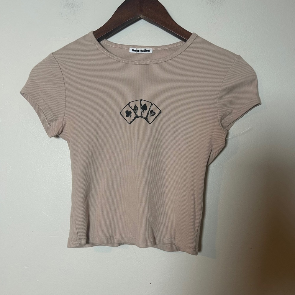 Reformation Taupe Ribbed Short Sleeve Tee with Card Suits